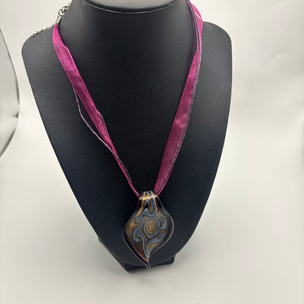 Murano Style Art Glass Pendant Ribbon Necklace Blue Gold Statement